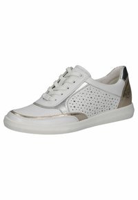 Fehér bőr sportcipők fémlikvid ezüst részletekkel, perforált oldalmerevítők, lekerekített orr és fűzős záródás. Gumi talpa tapadást biztosít.