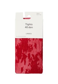 Røde blonde strømpebukser, 40 denier, lavet af genanvendt polyamidblanding. Pakker med størrelse L-label og ophængshul til display.