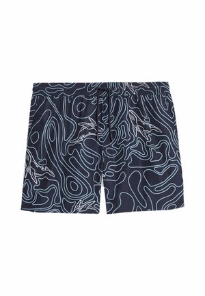 Zwemshorts gemaakt van lichtgewicht stof, met een marineblauwe achtergrond en witte abstracte lijnpatronen, en een koord in de taille.