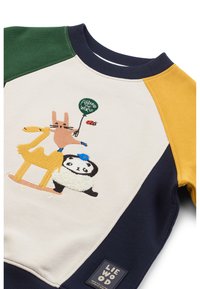 Dziecięcy, wielokolorowy sweatshirt z haftem zwierząt: żółta żyrafa na deskorolce, różowy zajączek trzymający balon, panda z niebieskim ptakiem.