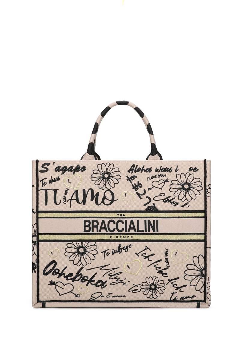 Borsa a tracolla in tela con sfondo beige, motivi floreali neri, testo scritto a mano e un logo. Presenta doppi manici neri e una forma strutturata.