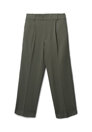 Pantaloni verde oliva con una vestibilità ampia, dotati di pieghe frontali, una texture liscia e un orlo cuff. Nessuna tasca visibile.