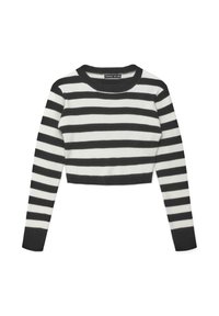 Maglione a strisce in bianco e nero, corto, con maniche lunghe, texture a costine e scollatura rotonda. Colore a blocchi all'orlo e ai polsini.