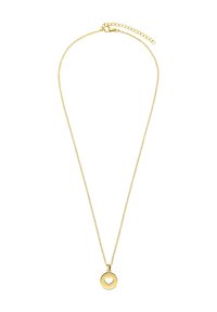 Gouden ketting met een delicate schakel en een ronde hanger met een hartuitsparing. Het metaal heeft een gladde, glanzende afwerking.