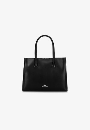 Schwarze Leder-Handtasche mit zwei langen Griffen und kleinem silbernen Wittchen-Logo, das zentriert nahe dem Boden angebracht ist.