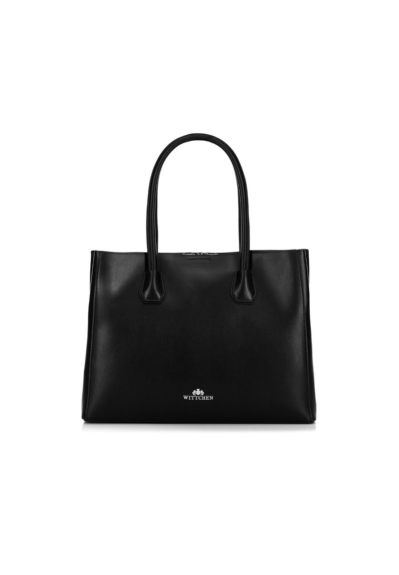 Borsa tote in pelle nera con due manici lunghi e piccolo logo Wittchen argentato centrato vicino al fondo.