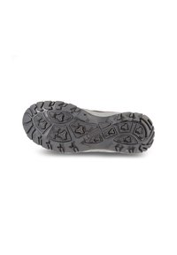 Sole of a gray and black hiking shoe with deep treads and geometric patterns for enhanced grip and durability.