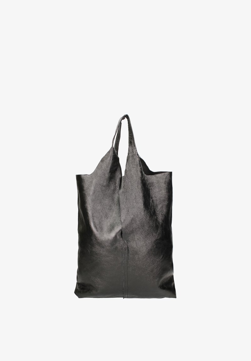 Zwarte, glanzende tote bag van textuurmateriaal zonder zichtbare hardware. Heeft een minimalistisch ontwerp en twee verlengde handvatten.