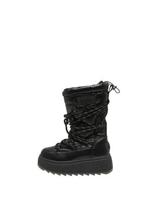 Black puffy winter boot with thick sole embossed with "Buffalo," quilted upper, lace-up front, and drawstring closure at the top.