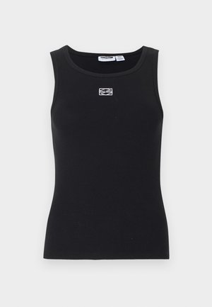 Top negru fără mâneci, cu model tip rețea, având un mic logo dreptunghiular alb brodat pe piept și decolteu rotund.