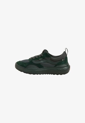 Sneaker verde e nere con tomaia in rete e camoscio, dotate di un collare imbottito, suola testurizzata e design con lacci.