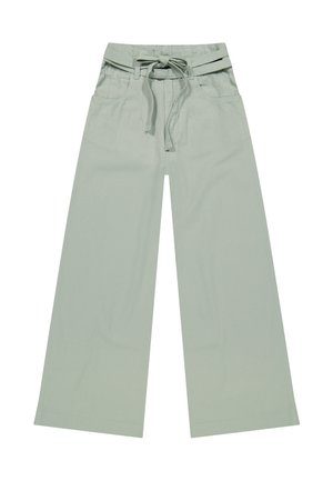 Παντελόνι φαρδύ με ψηλή μέση σε απαλό πράσινο χρώμα, με υφασμάτινη ζώνη δεμένη φιόγκος και εμπρόσθιες τσέπες.