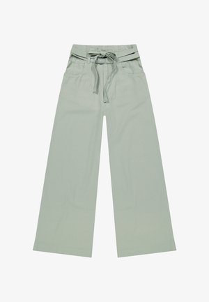 Lysegrønne vidde bukser med høj talje, stofbælte bundet i sløjfe og forlommer.