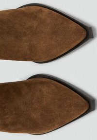 Cizme maro din piele întoarsă până la gleznă, cu vârf ascuțit, talpă neagră netedă și design elegant, subțire.