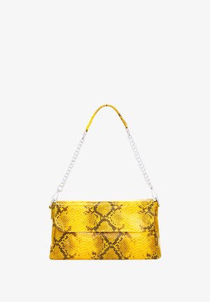 Yellow snake-print handbag with a glossy finish, featuring a braided handle and silver chain accents, rectangular shape, and flap closure.