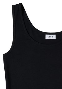 Débardeur noir sans manches avec encolure ronde et étiquette blanche portant la mention « CECIL » à l'intérieur du col arrière.