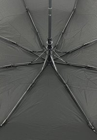 Schwarzer Regenschirm von der Unterseite, der ein Stahlgestell, acht Metallrippen und ein strukturiertes Stoffdach zeigt. Zentrale Achse sichtbar.