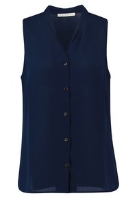 Blusa senza maniche blu navy in tessuto leggero, con scollatura a V, bottoni dorati al centro e vestibilità comoda.