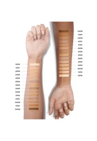 Dos antebrazos con muestras de color de base en varios tonos y códigos etiquetados aplicados a lo largo de cada brazo.