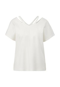 Haut blanc à manches courtes avec col en V et détail de double bretelle sur les épaules, tissu uni, coupe décontractée.