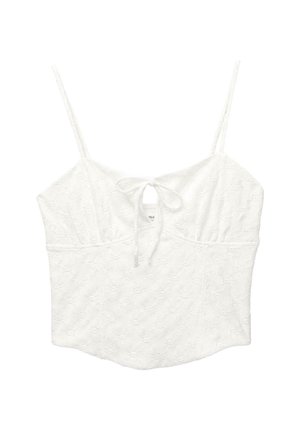 Biely čipkový crop top s tenkými ramienkami a malým viazaním v strede výstrihu.