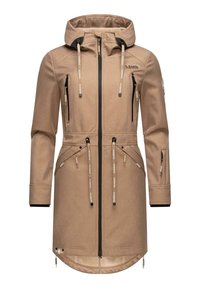 Long manteau beige à capuche avec plusieurs poches zippées, cordons réglables à la taille et à la capuche, fermeture éclair noire centrale et logo sur la poitrine.