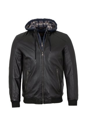 Schwarze Lederjacke mit Reißverschluss vorne, zwei seitlichen Reißverschlusstaschen, gerippten Bündchen und einer karierten gefütterten Kapuze. Glatte Textur und elegantes Design.