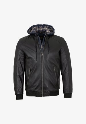 Schwarze Lederjacke mit Reißverschluss vorne, zwei seitlichen Reißverschlusstaschen, gerippten Bündchen und einer karierten gefütterten Kapuze. Glatte Textur und elegantes Design.