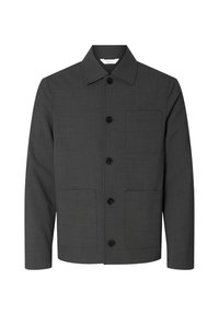 Pelēks poga-krekls ar gludu audumu. Iezīmēts ar apkakli, četriem priekšējiem kabatām un taisnu griezumu. Melni pogas uzsver dizainu.