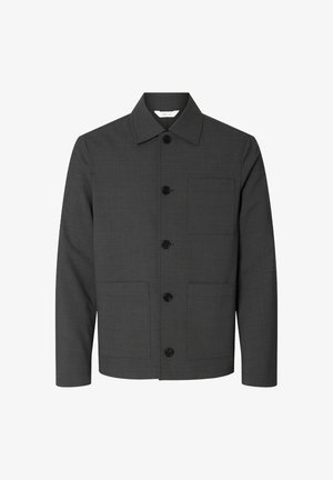 Cappotto grigio in tessuto liscio con bottoni. Presenta un colletto, quattro tasche anteriori e una linea dritta. Bottoni neri accentuano il design.