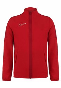 Rote Zip-Jacke aus glattem Material, mit hohem Kragen, zwei Seitentaschen und einem weißen Nike-Logo auf der linken Brust.