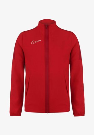 Rode zip-up jack gemaakt van gladde stof, met een hoge kraag, twee zijzakken en een wit Nike-logo op de linkerborst.