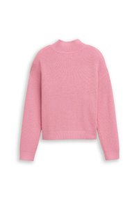 Roze gebreide trui met een hoge halslijn, geribbelde textuur, lange mouwen en een cropped ontwerp, met een schone, naadloze achterkant.