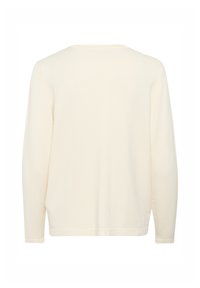 Maglione a maniche lunghe color crema chiaro con una vestibilità morbida, caratterizzato da un colletto rotondo e una texture liscia e morbida. Senza motivi o decorazioni visibili.