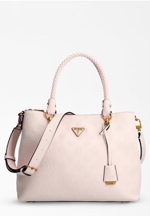 Light pink leather handbag with embossed logos, braided handles, detachable shoulder strap, and gold-tone Guess logo plaque.
