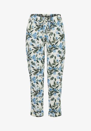 Pantalones con estampado floral hechos de tejido ligero; fondo blanco con flores azules y hojas verdes; cinturilla elástica con cordón.