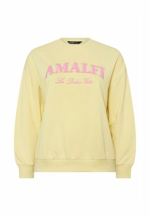 Hellgelbes Sweatshirt mit langen Ärmeln, rosa Schriftzug "AMALFI" in großen Buchstaben und darunter in Kursivschrift "La Dolce Vita".