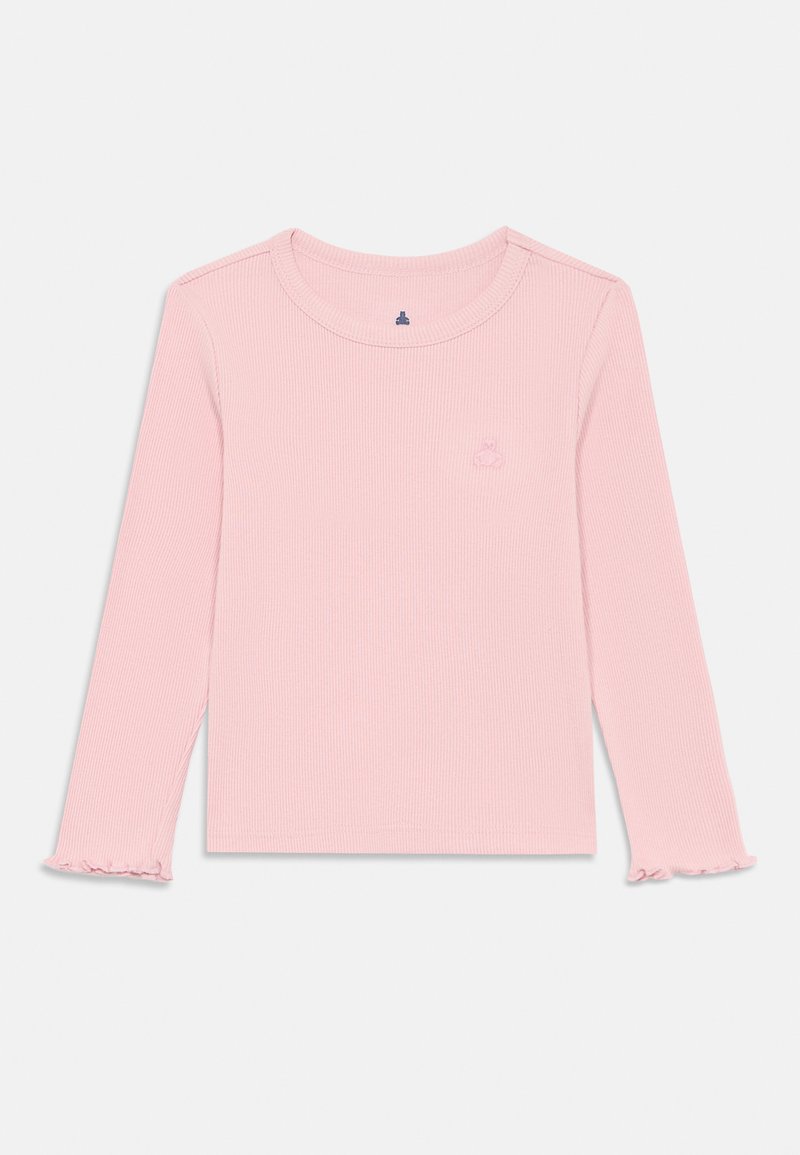 Šviesiai rožinė raištinė ilgomis rankovėmis palaidinė su apvaliu iškirpimu ir banguotais rankogaliais. Mažas siuvinėtas logotipas ant krūtinės. Pagaminta iš minkštos, elastingos medžiagos.