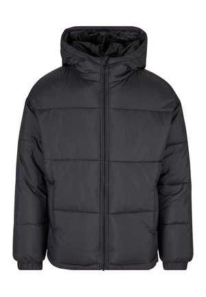 Chaqueta acolchada negra con capucha, cierre frontal con cremallera y puños elásticos. Presenta un diseño acolchado y una textura suave para brindar calor y aislamiento.