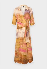 Šaty vo voľnom strihu z ľahkého materiálu, s multicolor abstraktným vzorom v odtieňoch ružovej, oranžovej a žltej. Krátke rukávy a viazaný pás.