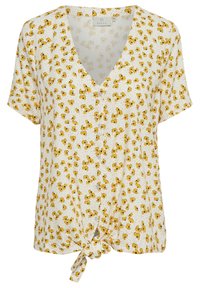 Blouse blanche à manches courtes avec imprimé floral jaune, col en V, boutons à l'avant et nœud noué à l'ourlet.