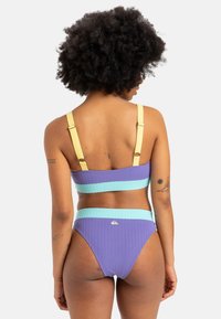 Lilla og teal ribbet bikini med justerbare gulllester. Halseren har en bred bånd, mens bunnene har en høy utskåret design.