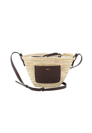 Woven straw crossbody bag with adjustable dark brown leather strap and front leather pocket with gold "abro" logo.