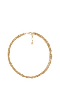 Guld flettet halskæde med et struktureret design, en lås og en justerbar kæde. Simpel firkantet vedhæng fastgjort til kæden.