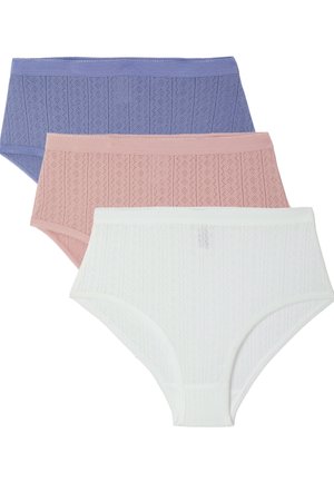 Tres braguitas de mujer de talle alto en morado, rosa y blanco, con un delicado diseño de encaje y cinturillas elásticas.