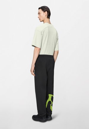 Modelo masculino mirando hacia la izquierda, vistiendo una camisa de manga corta color verde claro y pantalones negros con un diseño abstracto verde en la parte inferior de la pierna, zapatos negros.