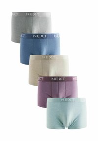 Fem par kalsonger i ljusgrått, blått, krämfärgat, lila och mintgrönt, tillverkade av mjukt material med elastiska midjeband med "NEXT"-märke.