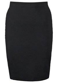 Jupe crayon noire en tissu extensible, avec une taille haute et une silhouette ajustée. Texture lisse sans motifs visibles.