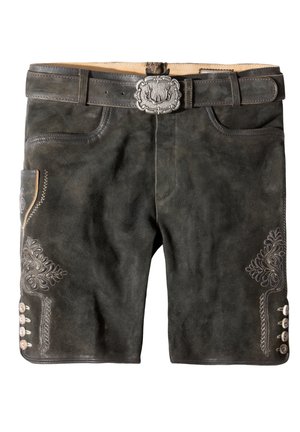 Donkergrijze leren shorts met ingewikkelde borduursels aan de zijkanten, voorzien van een zilverkleurige decoratieve gesp en knoopdetails op de benen.