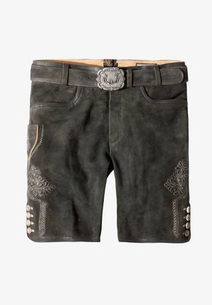 Dunkelgraue Lederhosen mit filigraner Stickerei an den Seiten, ausgestattet mit einer silbernen dekorativen Schnalle und Knopfakzenten an den Beinen.